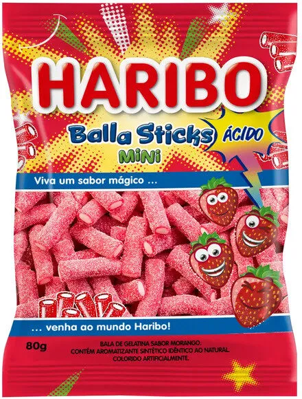 Bala De Gelatina Morango ácido Haribo Balla Sticks Mini Pacote 80g