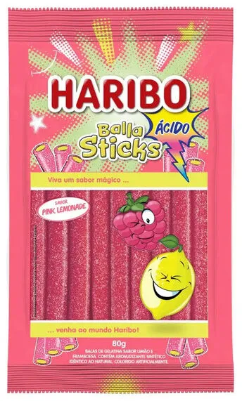 Bala De Gelatina Pink Lemonade ácida Haribo Balla Sticks Pacote 80g
