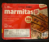 Frango assado, arroz integral com brócolis e purê de batata