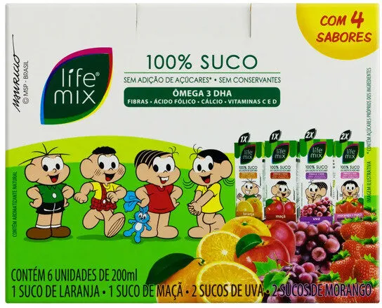 Kit Suco 1 Laranja 1 Maçã 2 Uva 2 Morango Turma Da Mônica Life Mix 200ml Cada