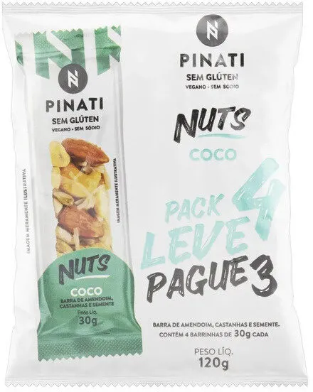 Pack Barra De Nuts Coco Zero Sódio Super Saúde Pinati Pacote 120g Leve 4 Pague 3 Unidades