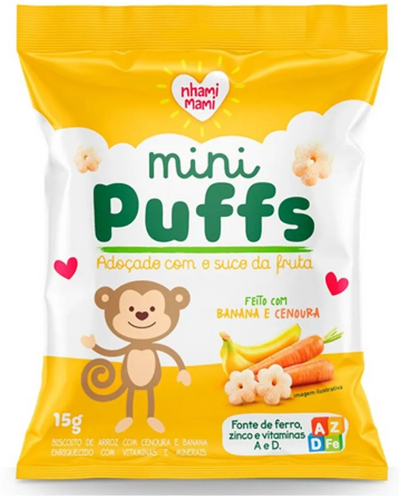 Biscoito De Arroz Integral Banana E Cenoura Nhami Mami Mini Puffs Pacote 15g