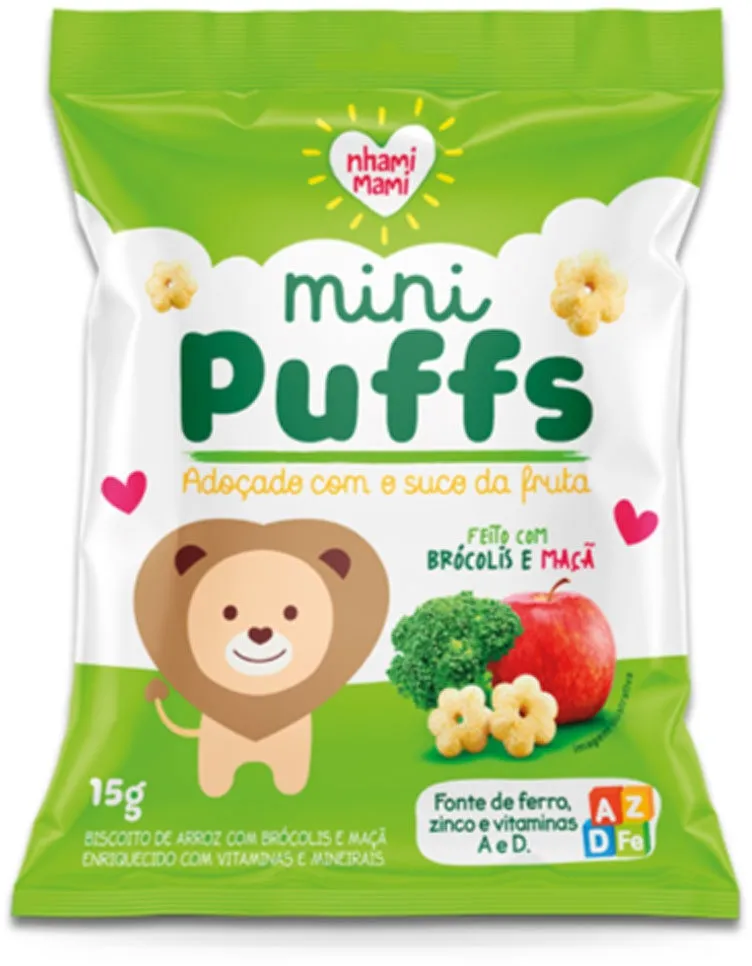 Biscoito De Arroz Integral Brócolis E Maçã Nhami Mami Mini Puffs Pacote 15g
