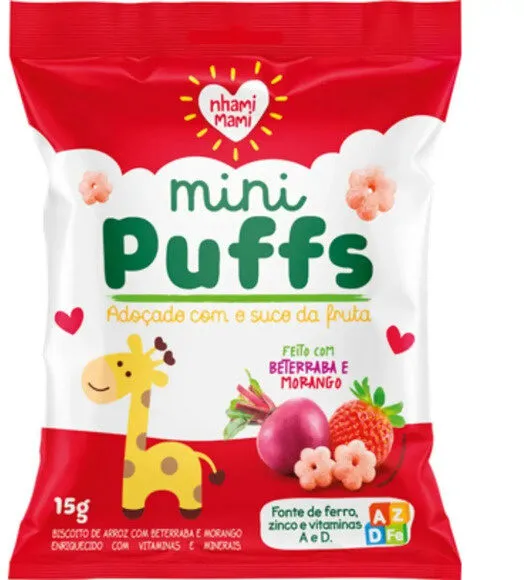Biscoito De Arroz Integral Beterraba E Morango Nhami Mami Mini Puffs Pacote 15g