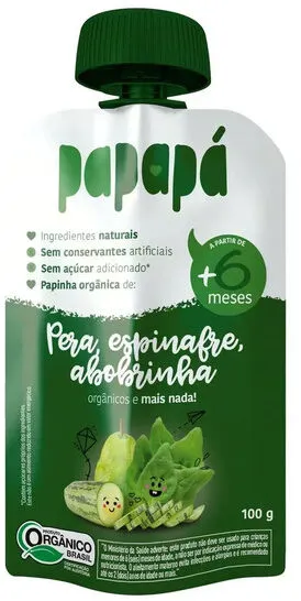 Papinha Orgânica Pera, Espinafre, Abobrinha Papapá Squeeze 100g