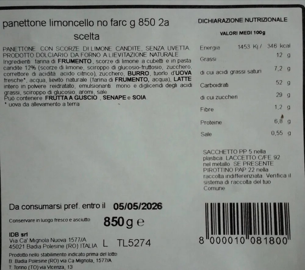 Panettone Limoncello 850g