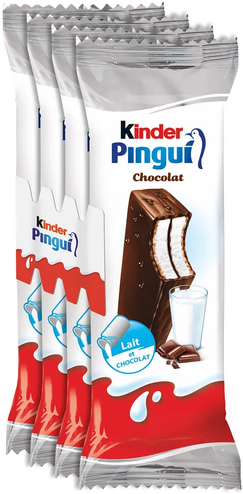 Kinder pingui cacao t4 pack de 4 etuis kinder pingui cacao gouter frais genoise fourree lait et cacao enrobee de chocolat fin t4 pack de 4 etuis