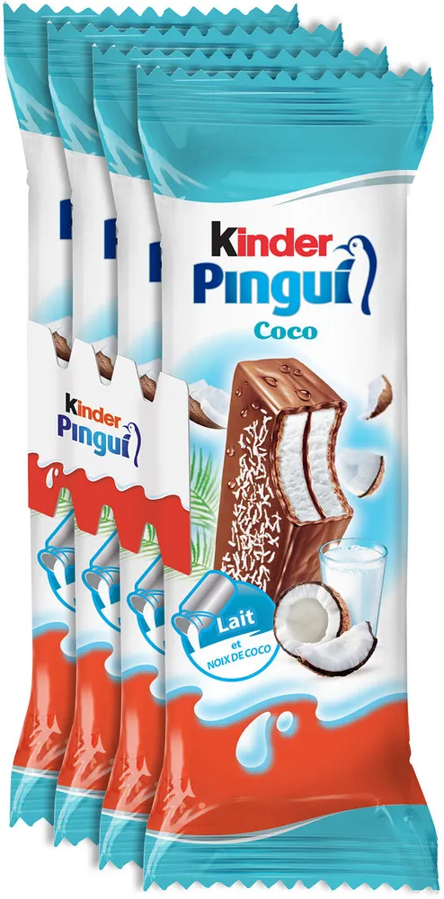 Kinder pingui coco gouter frais genoise fourree lait et noix de coco enrobee de chocolat superieur au lait avec decor au coco t4 pack de 4