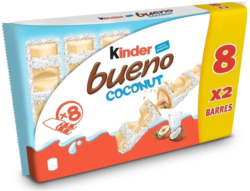 Kinder bueno white coco gaufrettes enrobees de chocolat blanc 8 x2 barres