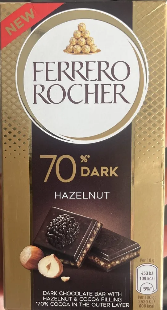 70% Dark Chocolate Bar with Hazelnut & Cocoa Filling