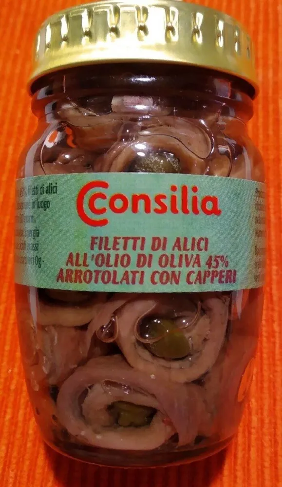 Filetti di Alici all'olio di oliva 45% arrotolati con capperi