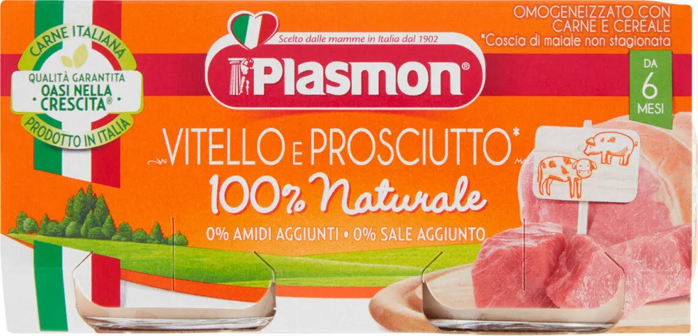 Vitello e prosciutto omogeneizzato con carne e cereale