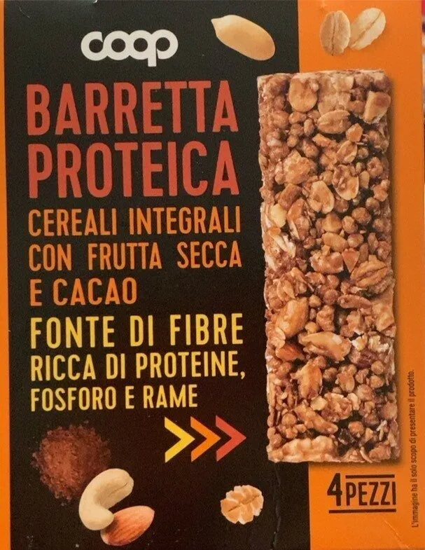 Barretta proteica cereali integrali con frutta secca e cacao