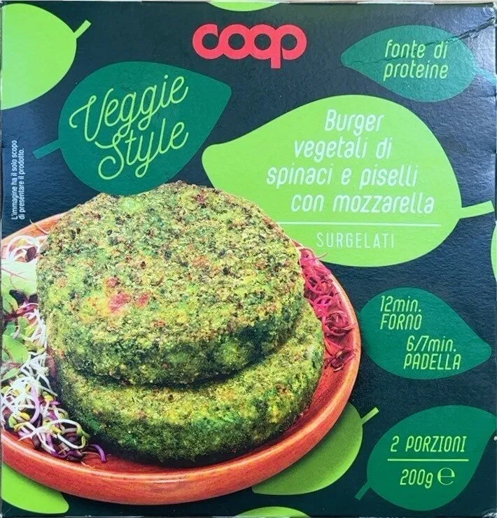 Burger vegetali di spinaci e piselli con mozzarella