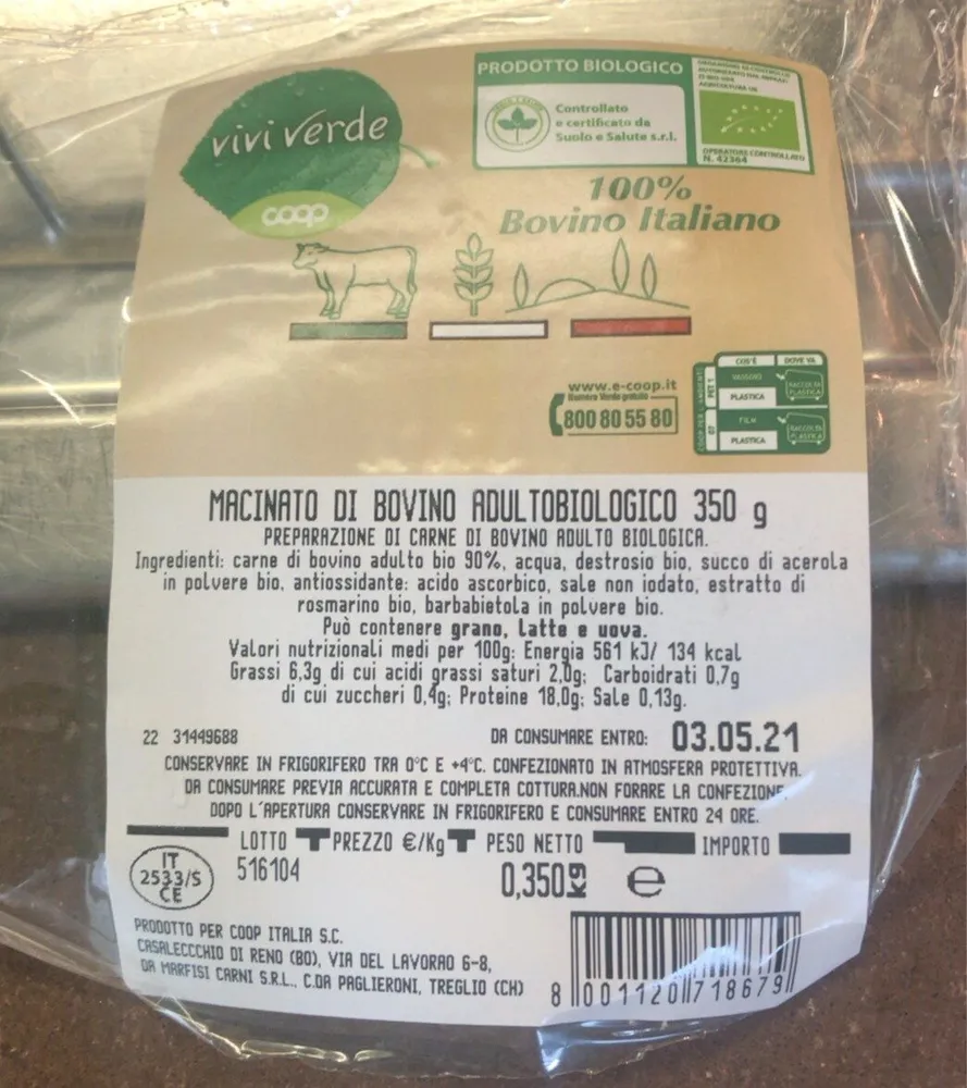 Macinato di bovino adulto biologico