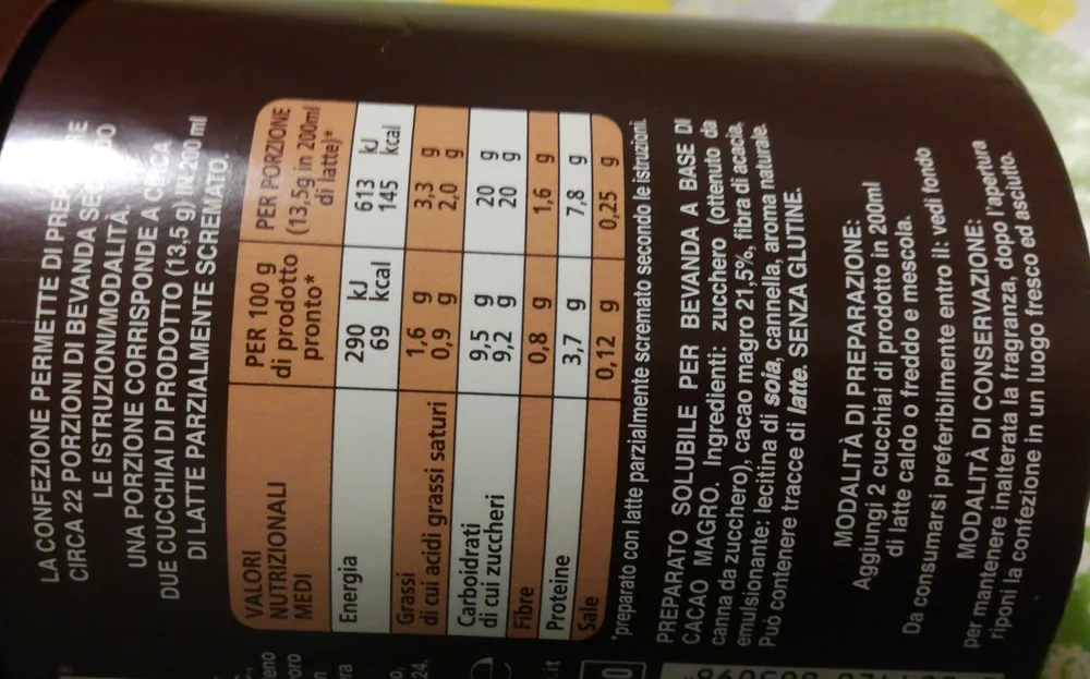 Preparato per bevanda al cacao magro