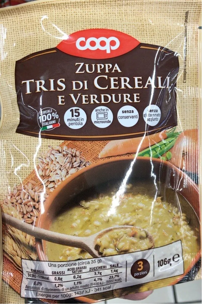 Zuppa tris di cereali e verdure