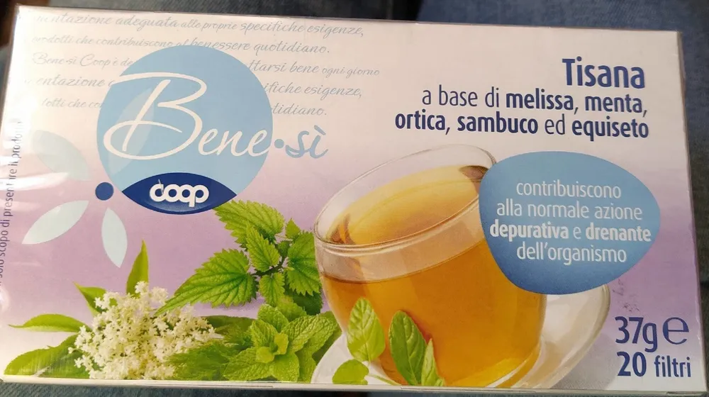 Tisana melissa, menta, ortica, sambuco, equiseto