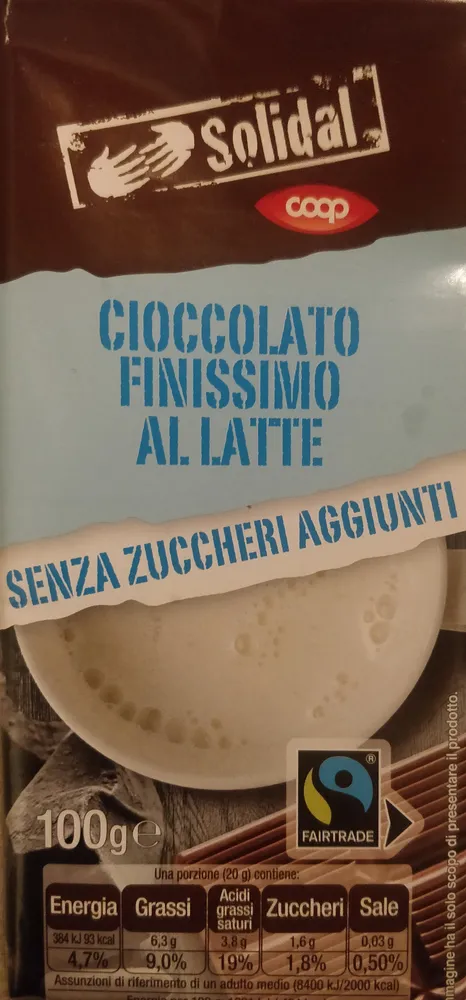 Cioccolato finissimo al latte senza zuccheri aggiunti