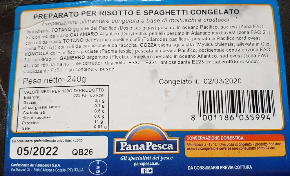 Preparato per risotto e spaghetti congelato
