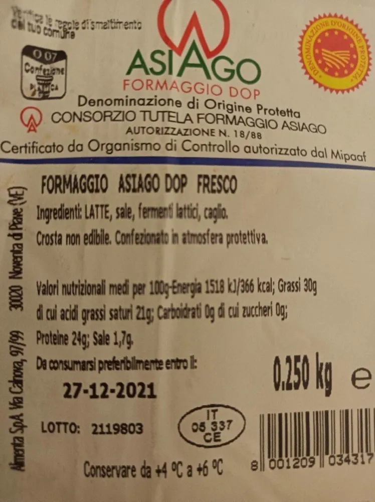 Asiago formaggio DOP