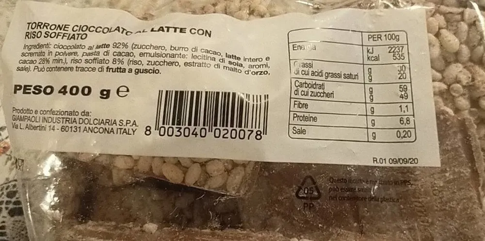Torrone Cioccolato al latte con riso soffiato