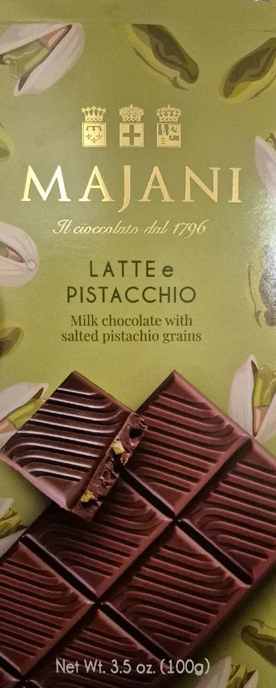 Majani Latte e Pistacchio Milk Chocolate With Salted Pistacchio Grains
