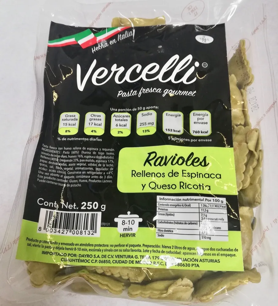 Vercelli Ravioles rellenos de espinaca y queso ricotta