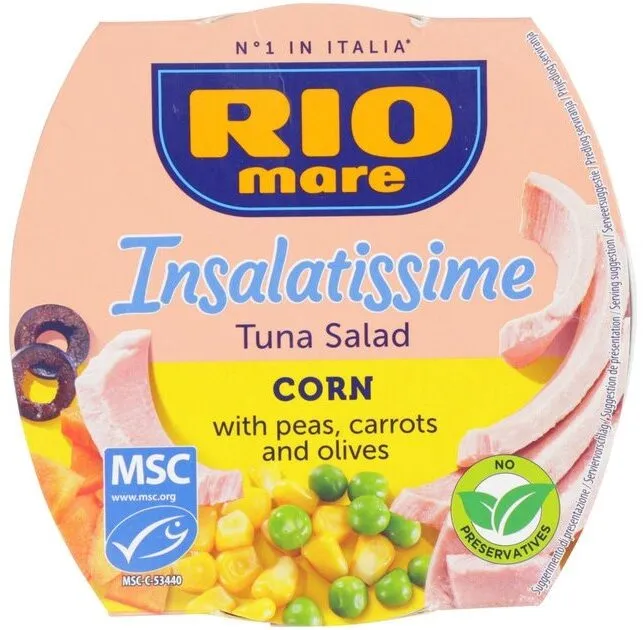 Light Tuna Salad Corn with peas, carrots and black olives