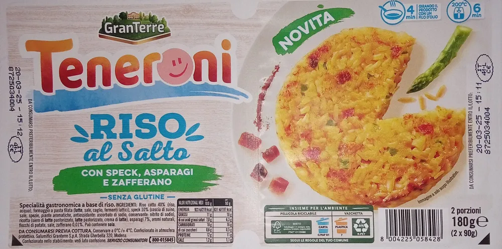Teneroni riso al salto con speck, asparagi e zafferano