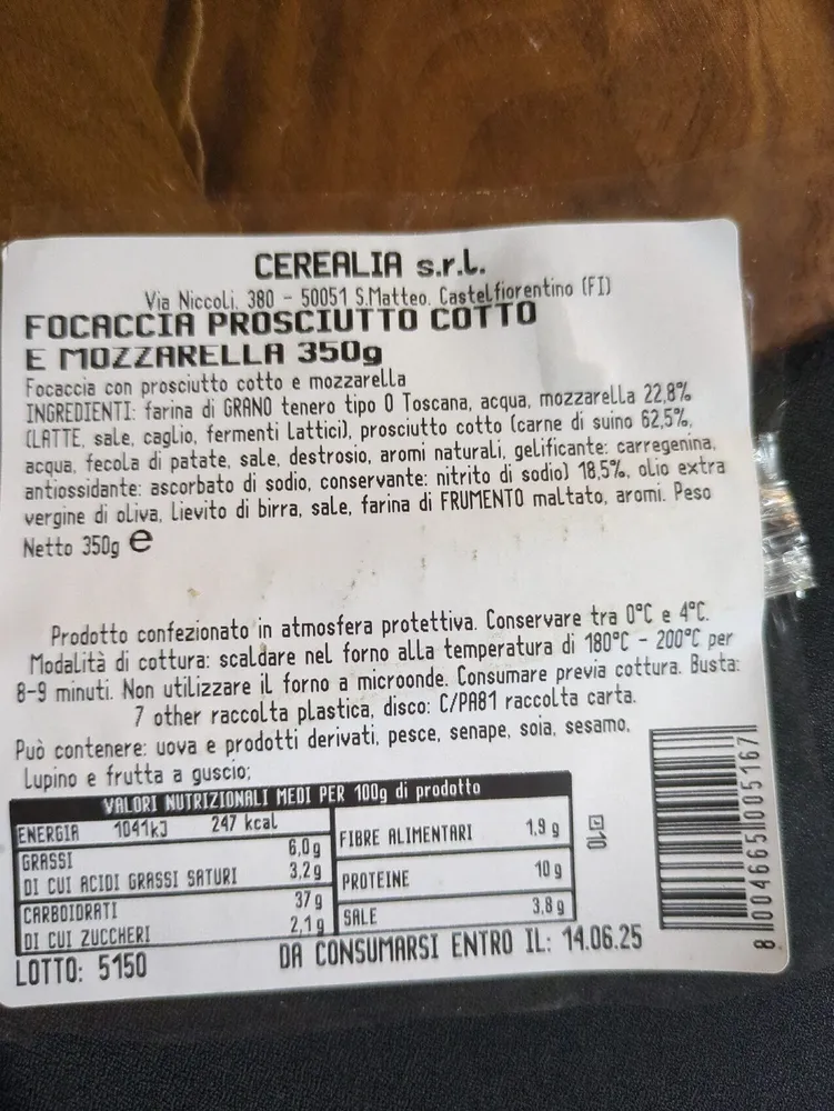 Focaccia Prosciutto Cotto E Mozzarella 350g