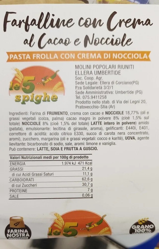 Farfalline con crema al cacao e nocciole