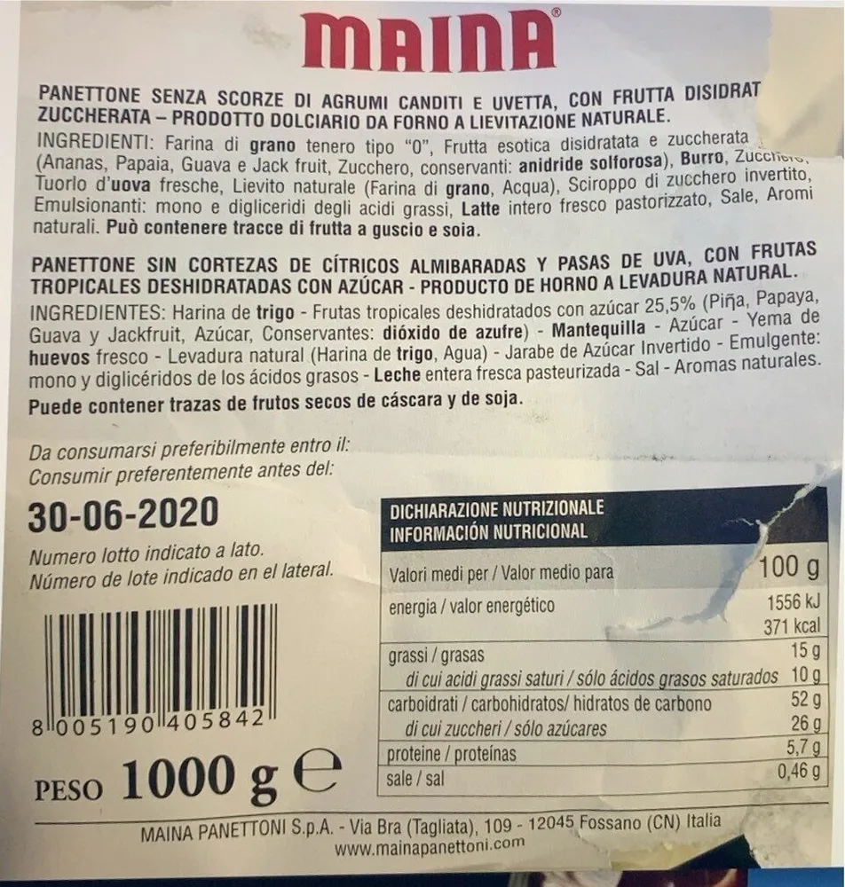 Panettone senza scorze di agrumi canditi e uvetta, con frutta disidratata zuccherata