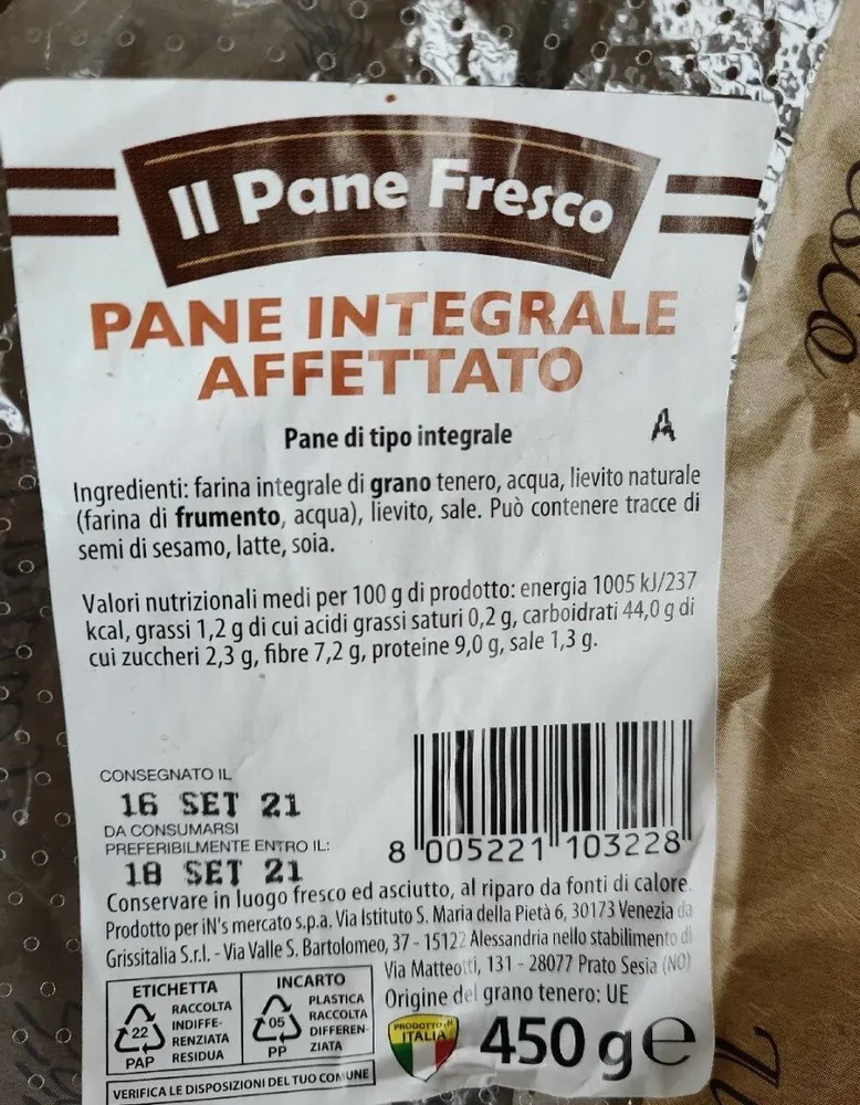 Pane integrale affettato