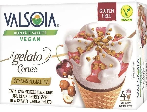 Vegan gelato cones, hazelnuts cherry