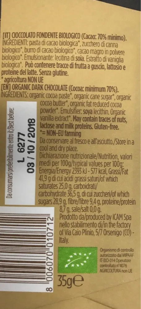 Cioccolato fondente biologico