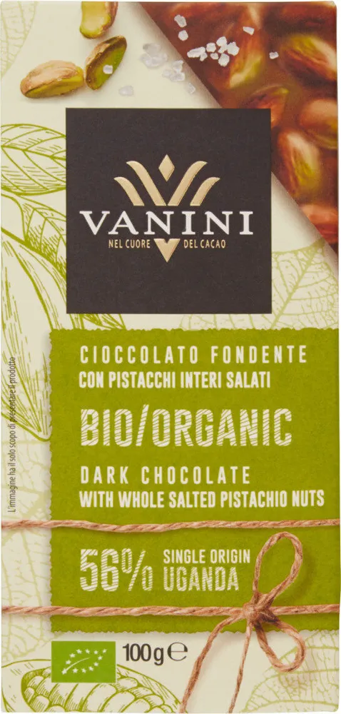 Cioccolato fondente con pistacchi interi salati