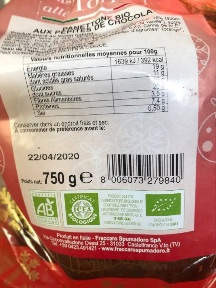 Panettone bio aux pepites de chocolat