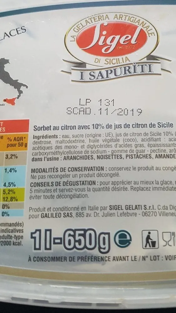 Sorbet au citron avec 10% de jus de citron de Sicile