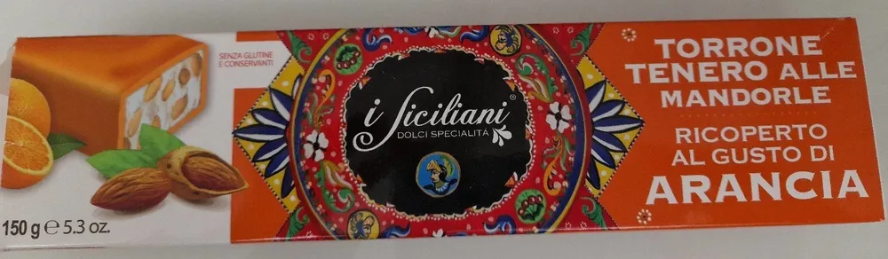 Torrone tenero alle mandorle ricoperto al gusto di arancia