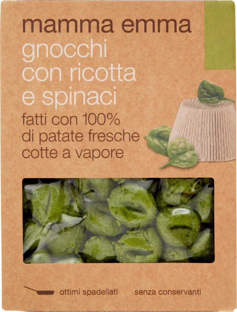 Gnocchi con ricotta e spinaci fatti con 100% patate fresche cotte a vapore