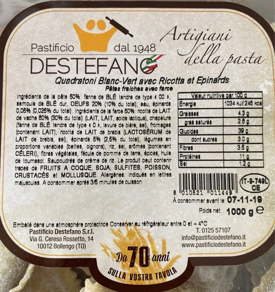 Quadratoni blanc-vert avec ricotta et épinards