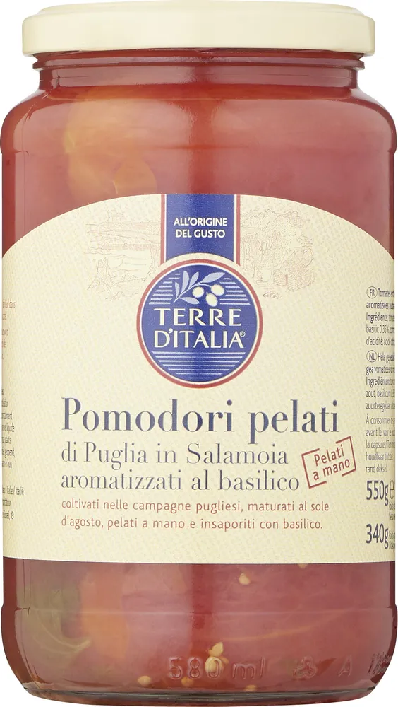 Tomates entière pelées aromatisées au basilic