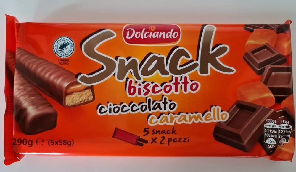 Snack biscotto cioccolato caramello