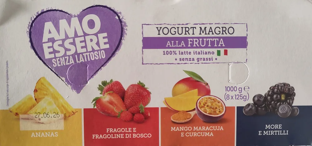 Yogurt magro alla frutta senza lattosio