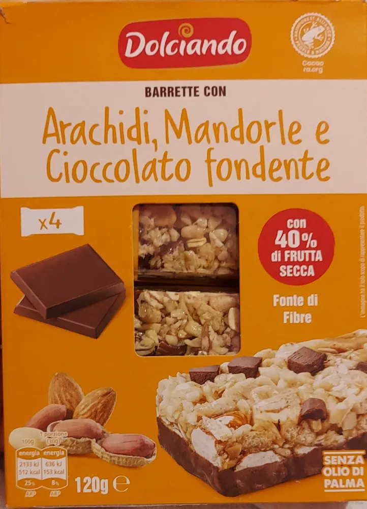 Barrette con arachidi mandorle e cioccolato fondente