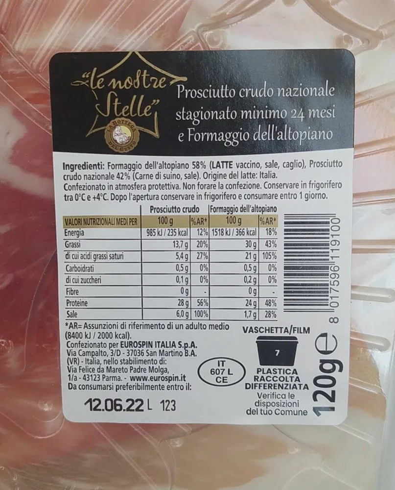 Prosciutto crudo 24 mesi e formaggio dell'altopiano