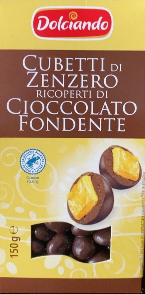 Cubetti di zenzero ricoperti di cioccolato fondente