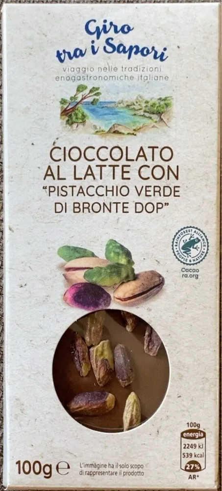 Cioccolato al latte com pistacchio verde di bronte dop