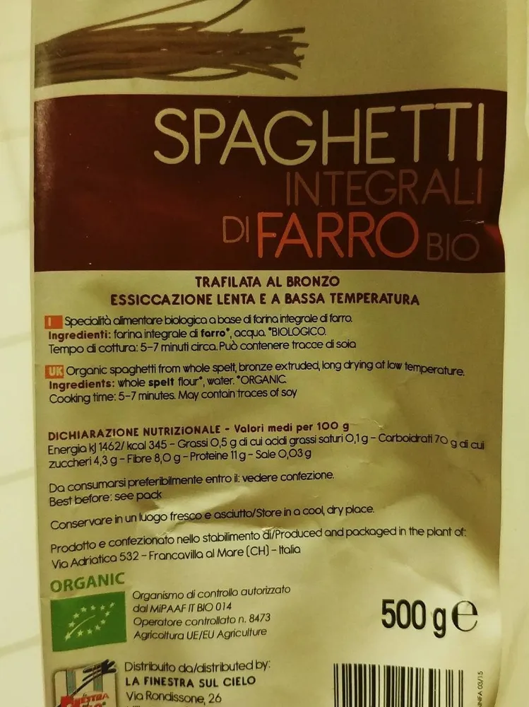 Spaghetti 100% Epeautre Complet 500G Grosse Bio